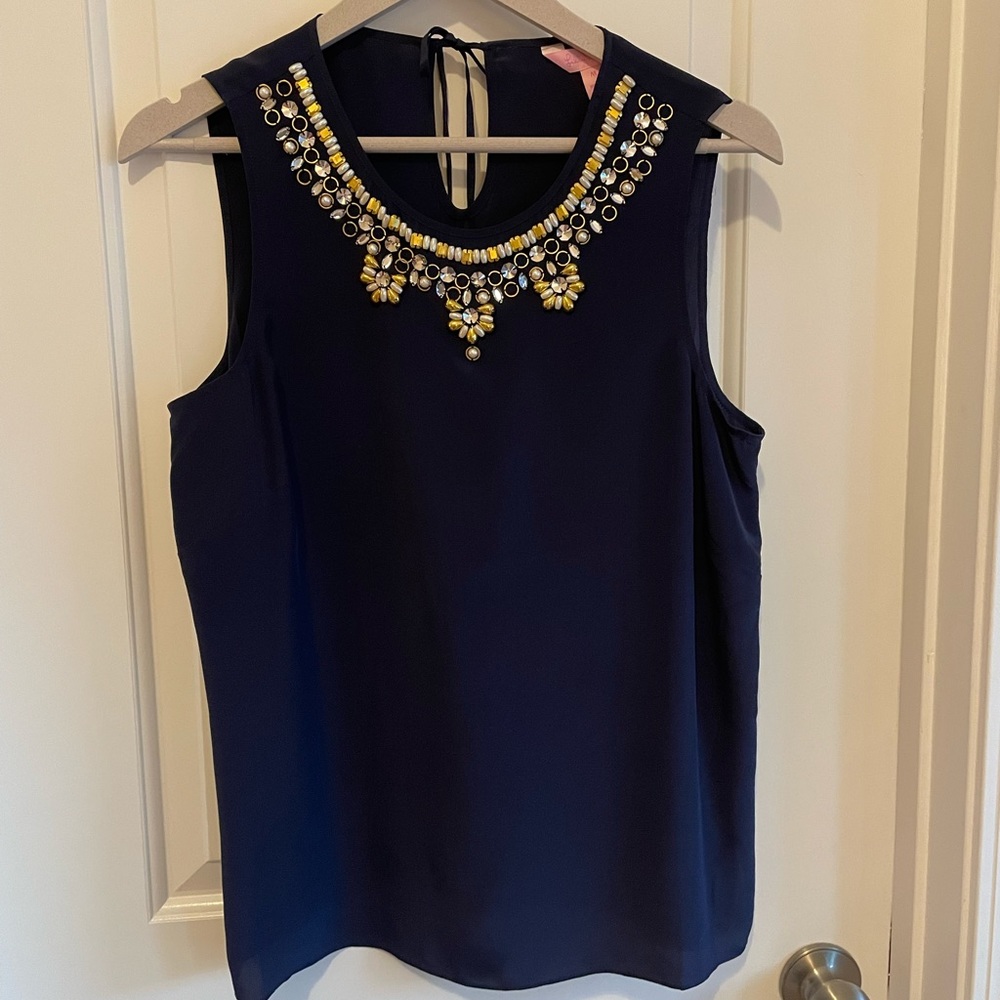 New Lilly Pulitzer sleeveless havana top Navy Silk Embellished jeweled Blouse M